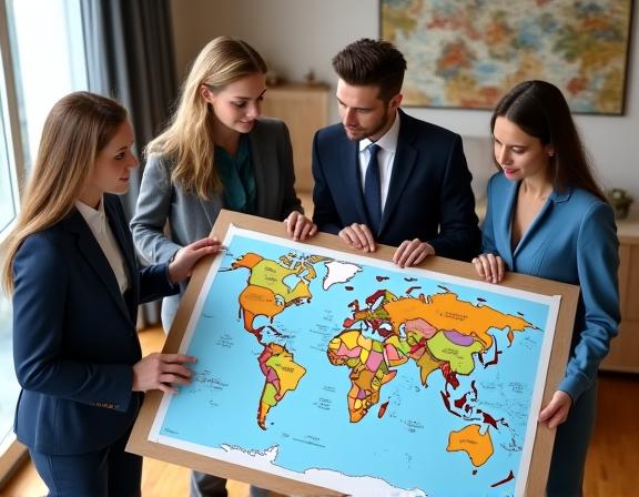A diverse team of travel planners collaborating around a world map.