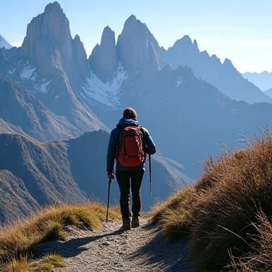 A hiker looking out over the mountains in Patagonia.